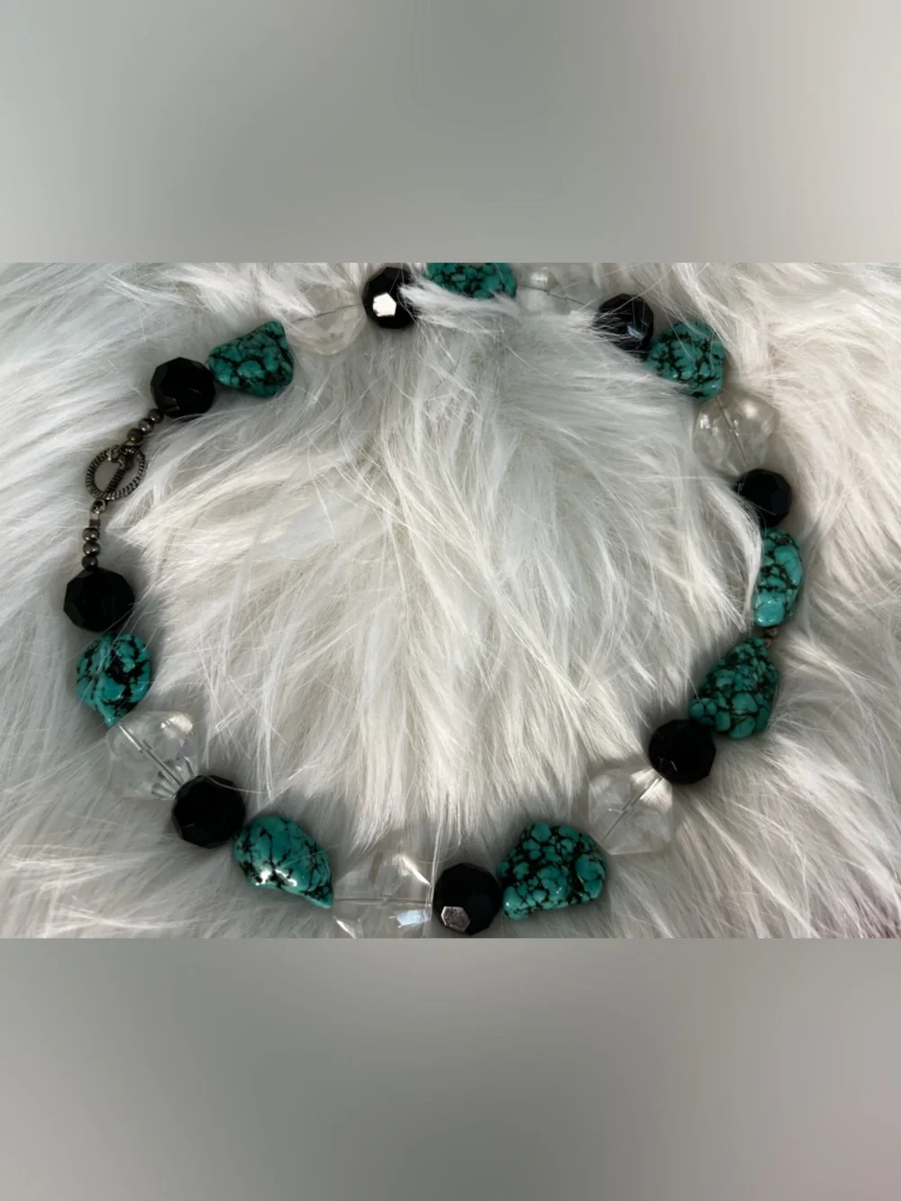Turquoise Nugget Statement Necklace Chunky Crystal Black Faceted Beads Boho VTG
